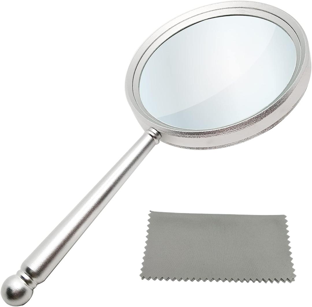 Handheld Magnifying Glasses 5X Reading Magnifier with Shatterproof Metal Handle & 84mm Large Magnifying Real Glass Lens for Seniors and Kids Repair and Observation(Silver)
