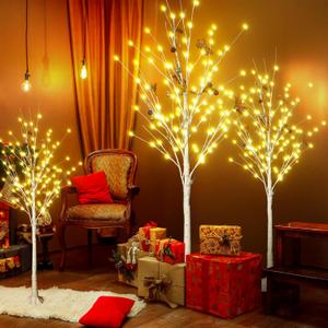 AWQM Lighted Birch Tree for Christmas Decor, Pack of 3 Prelit Christmas Tree 4ft 5ft 6ft, Warm White Christmas Tree for Indoor Christmas Decorations. (White)