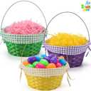 JOYIN 3PCS Easter Bamboo Baskets with Plaid Lining and Handle for Easter Egg Hunt, Kids Party Supplies, Filling with Candy Party Favors (Purple, Yellow, Green)