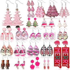 Remuuly 24 Pairs Pink Christmas Earrings for Women Christmas Dangle Earrings Xmas Tree Santa Jewelry for Holiday Party Gifts