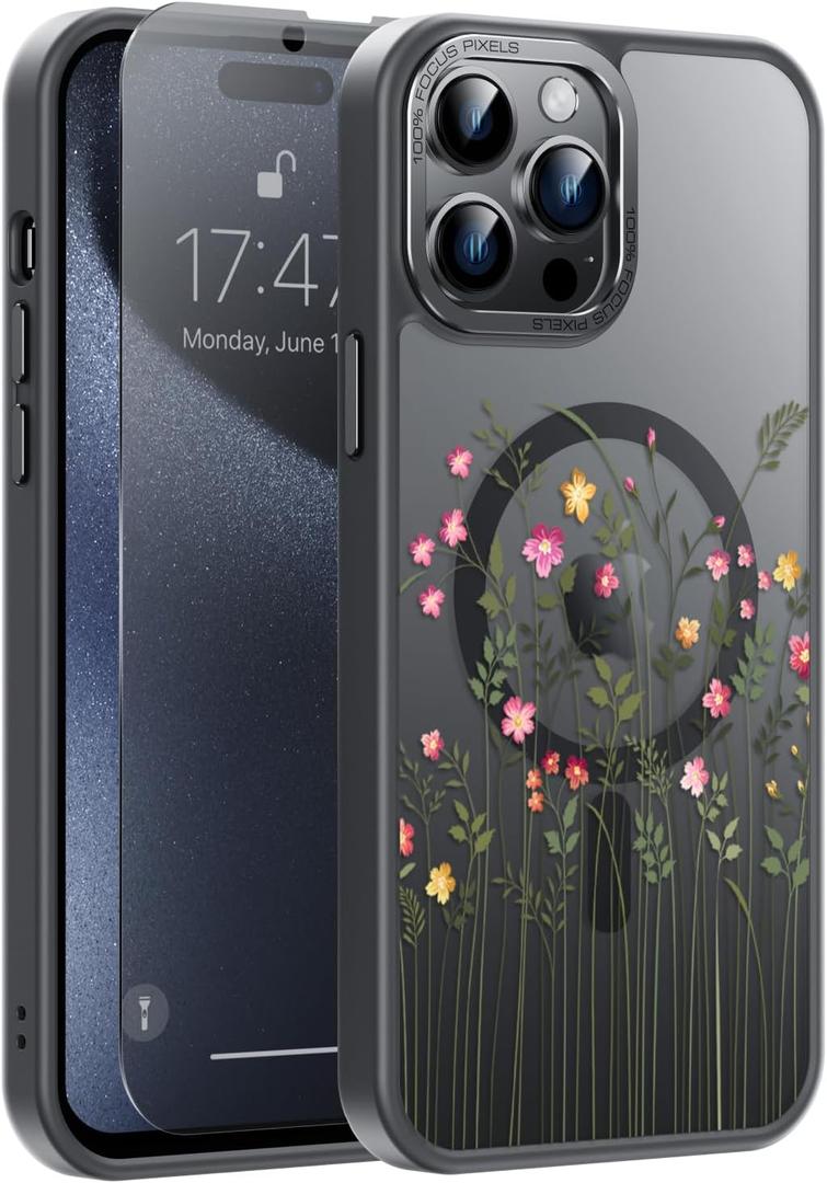 Goodon for iPhone 14 Pro Max Case with Privacy Screen Protector, Wireless Charging Compatible, Translucent Matte Cover - Cute Floral Design Phone Case for Women Girls - Tiny Flower and Leaves