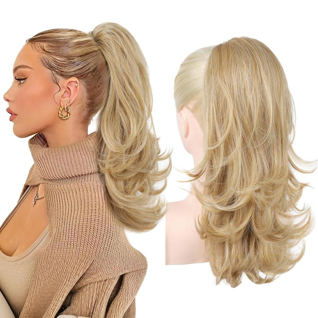 LONAI Ponytail Extension for Women,18 Inch Layered Wavy Pony Tail Hair Extensions, Natural Drawstring Ponytail Synthetic Hairpiece for Daily Wear (Golden Blonde with Highlights)