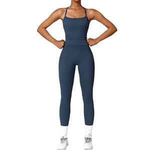 Womens Workout Sets Two Piece Seamless Stretch Cross Back Tank Top Matching Tummy Control High Waist Leggings Set 2 Piece For Women Gym Yoga Active Wear Outfits Athletic Work Out Clothes Dark Blue S