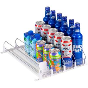RULA Drink Organizer for Fridge, Self-Pushing Soda Can Dispenser for Refrigerator, Width Adjustable Water Bottle Pusher Glide - Holds up to 20 Cans (15" D, 4 Rows)