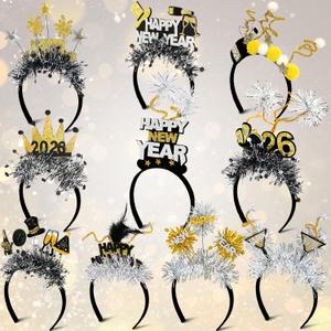 Mega-L 10Pcs New Year Headbands, 2026 Happy New Year Party Supplies Favors, Gold Black Silver Headwear for Adult Women, Glitter Photo Booth Props Holiday Headwear for Happy Eve Party Celebration 2026