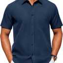 Alimens & Gentle Mens Short Sleeve Dress Shirt Wrinkle Free Solid Casual Button Down Shirts for Summer Business Wedding (Blue, XL)