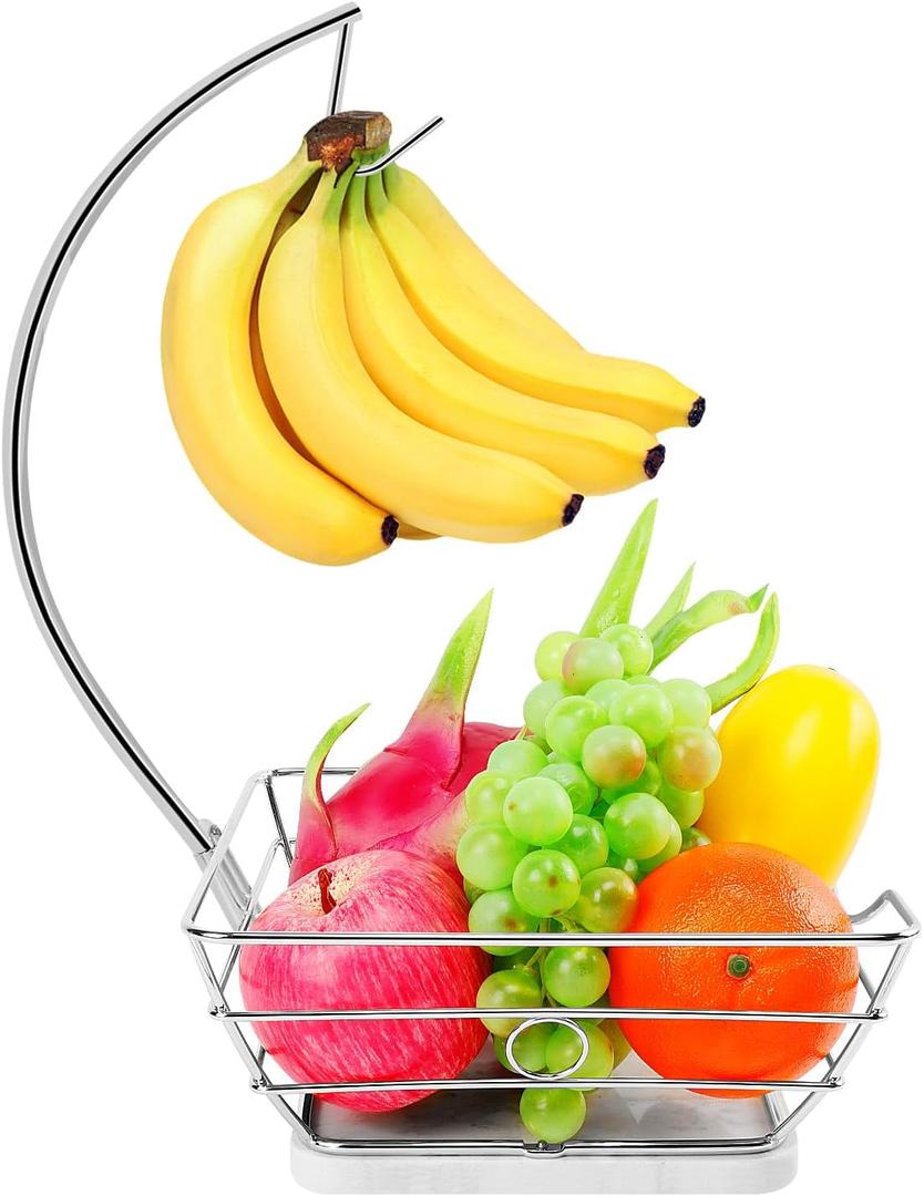 Livabber Countertop Fruit Basket Bowl with Banana Hanger, Modern Standing Fruit Vegetable Bowl Storage, with Banana Tree Holder for Kitchen Dinning Table (Square Marble, Chrome)