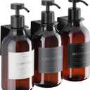 Shower Shampoo Dispenser Wall Mounted 3 Refillable 16.9 oz Amber Bottles with Stainless Steel Pumps & No-Drill Adhesive Holders Soap Dispenser Set for Bathroom (3 X Amber/Black)