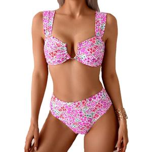 Fanuerg Women's High Waisted Bikini Sets Ditsy Floral Printed Two Piece Swimsuit Adjustable Strap Bathing Suit (Medium)