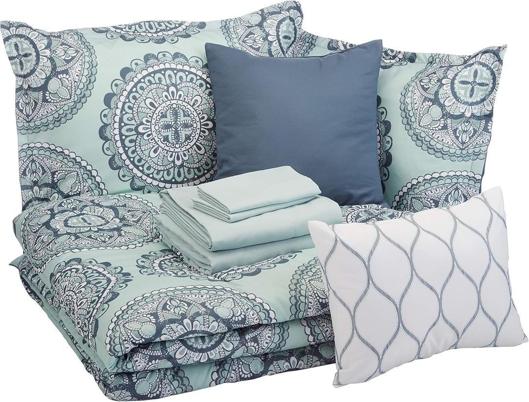 Amazon Basics 10-Piece Bed-in-a-Bag Comforter Set, Soft, Lightweight Microfiber, Full/Queen, Sea Foam Medallion
