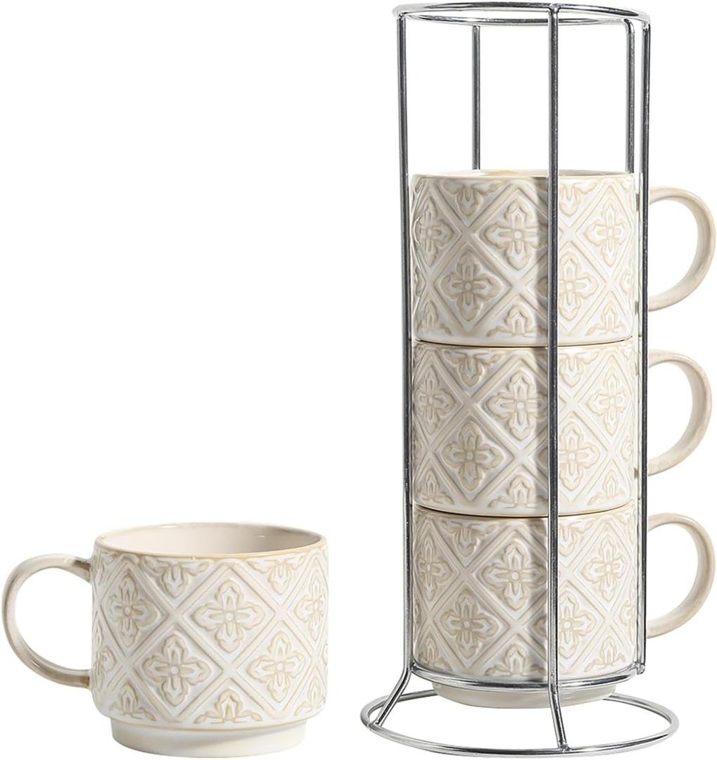 6 Oz Coffee Cups with Stand, Stackable Espresso Cups Set of 4, Ceramic Cappuccino Cup, Embossed Coffee Mugs for Latte, Cocoa, Mocha, Tea, Housewarming Wedding Present, Dishwasher Safe