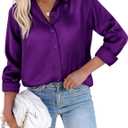 siliteelon Button Down Shirts For Womn Satin Women Blouse Silk Long Sleeve Dress Shirt Business Tops Office Work (Large, Purple)