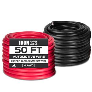 Iron Forge Cable 4 Gauge Wire - 2 Pack 50ft Copper Clad Aluminum Primary Wire - 4 AWG Heavy Duty Cables for Battery or Automotive - 1 Red and 1 Black