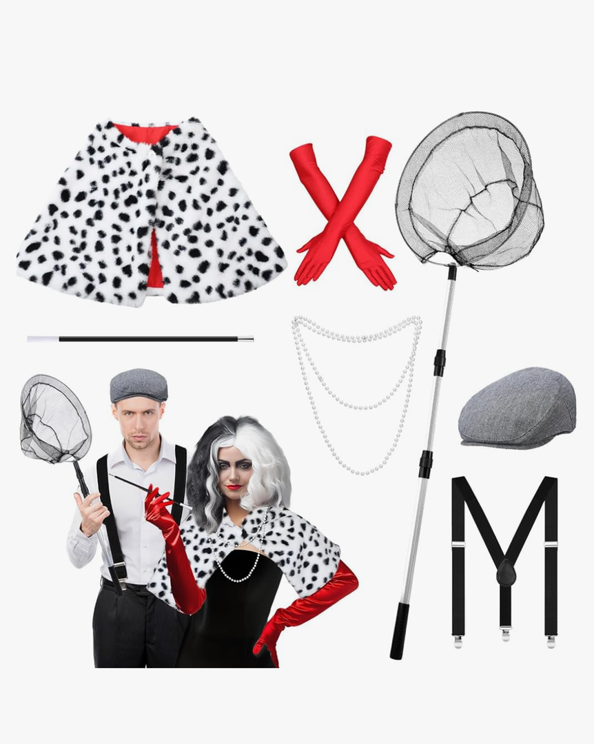 7 Pcs Halloween Dalmatian Costume and Catcher Accessories Shawl Red Gloves Pearl Necklace Hat Holder Suspender Fishing Net for Halloween Adults Couple Cosplay Party