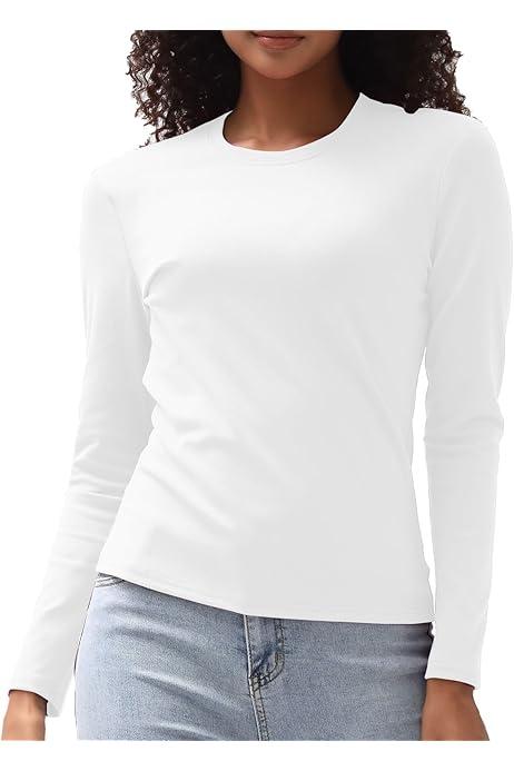 Dwnval Women's Fall Long Sleeve Crewneck T Shirt Basic Slim Fitted Knit Going Out Tops (M, White)