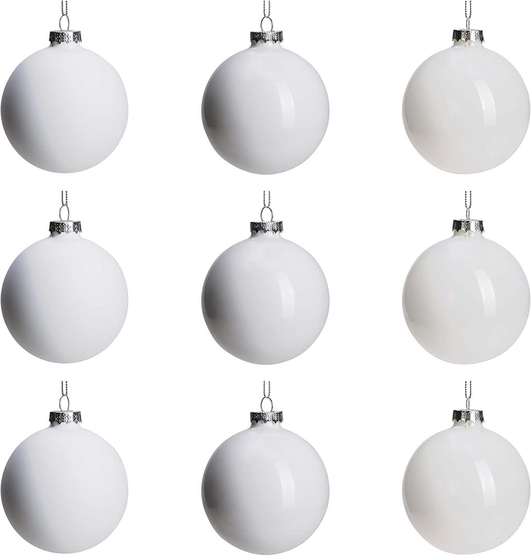DN DECONATION White Glass Christmas Ornaments, Set of 9, 3' Hanging Christmas Baubles for Xmas Tree Decoration, Wedding Party Gift