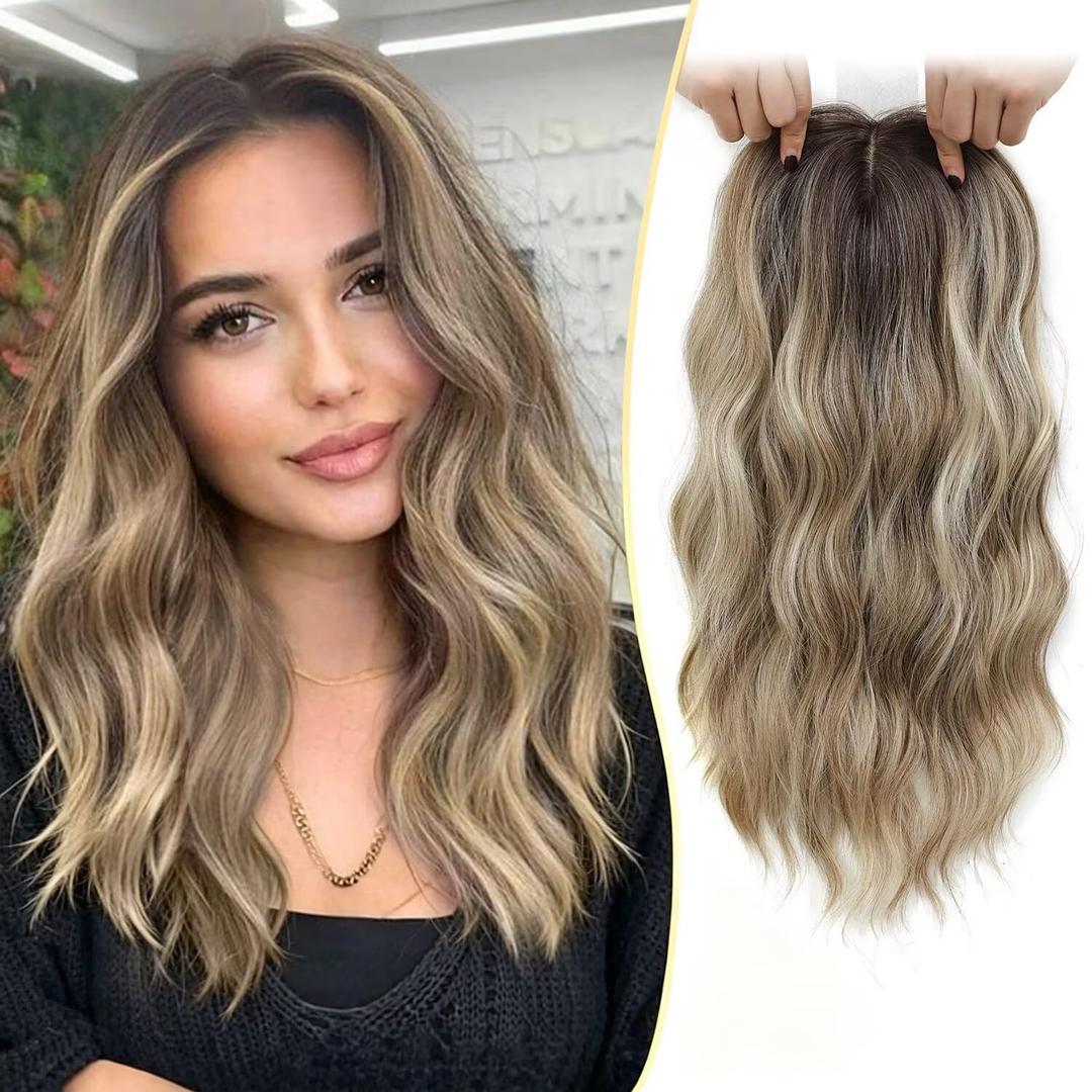 Ms Taj Blonde Hair Topper for Women, 6.5''x6.5'' Toppers Lightweight Wiglet for Thinning Hair 16 Inch Synthetic Wavy Hairpiece Comfortable to Wear(Ash Blonde Balayage with Dark Roots)