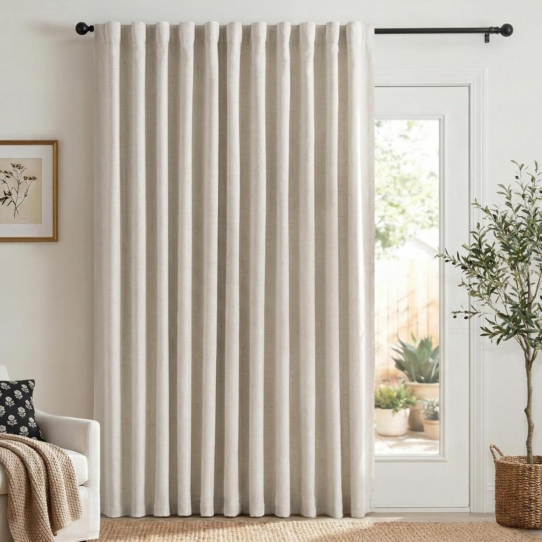 100% Blackout Shield Linen Blackout Sliding Door Curtains for Living Room, Back Tab/Rod Pocket Thermal Insulated Curtains for Sliding Glass Doors, 1 Panel Set, 100" W x 84" L, Cream