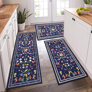 Blue Peacock Kitchen Rug Sets 3 Piece, Vintage Floral Bird Washable Kitchen Mats for Floor Non Slip Durable Kitchen Floor Mat Carpet Runner Rugs for Hallway Laundry Room (20"x32"+20"x47"+20"x59")