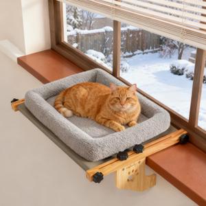 Cat Window Perch - No Drilling Renter-Safe, Adjustable Sill Fit with Sturdy Wood- Metal Frame, Washable Non-Slip Bed, Easy Assembly for Indoor Cats - Ideal for Small Spaces & Multi-Cat Homes(Gray,L)