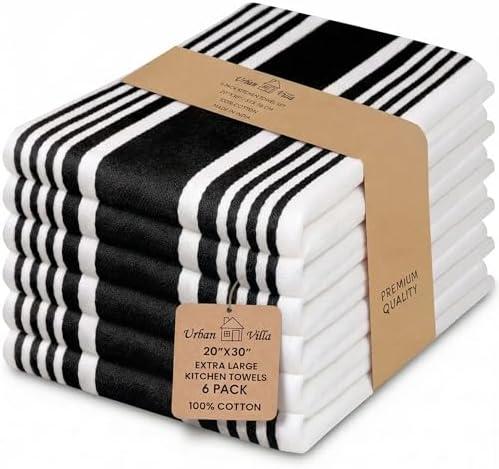 Urban Villa Kitchen Towels 100% Cotton Dish Towels for Kitchen (Set of 6)20”x30” Dish Cloths Highly Absorbent Kitchen Linen Set with Hanging Loop Perfect for Drying Dishes Cleaning Towels-Black White
