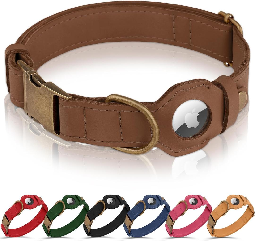 AirTag Dog Collar - Genuine Leather Dog Collar with Apple AirTag Holder and Metal Buckle - Smart GPS Tracking Pet Collars (Tawny, XS, 9"-12" Neck Fit)