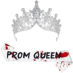 Lyrow 2 Pcs Halloween Prom Crowns and Sashes Corpse Cosplay Set Spooky Queen Zombie Prom Set Headwear for Party