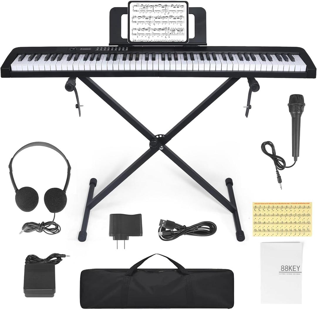 88 Key Piano Keyboard, Electric Digital Piano with Semi Weighted Keys, Keyboard Piano with Sustain Pedal, Power Supply, Stand, Carrying Case, Headphones, USB-MIDI Compatibility, for Beginner Adults