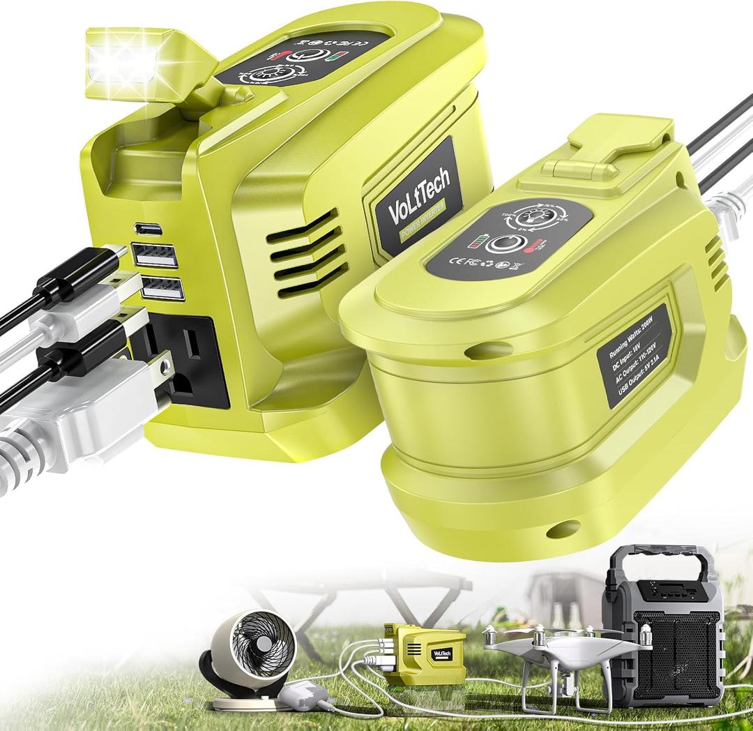 2 Packs Real 200W Power Inverter Compatible With Ryobi, VoLtTech Battery Inverter DC 18V to AC 110V Portable Phone Charger Generator Power Supply with 2 USB Ports & 1 Type-C & 1 AC Outlet (No Battery)