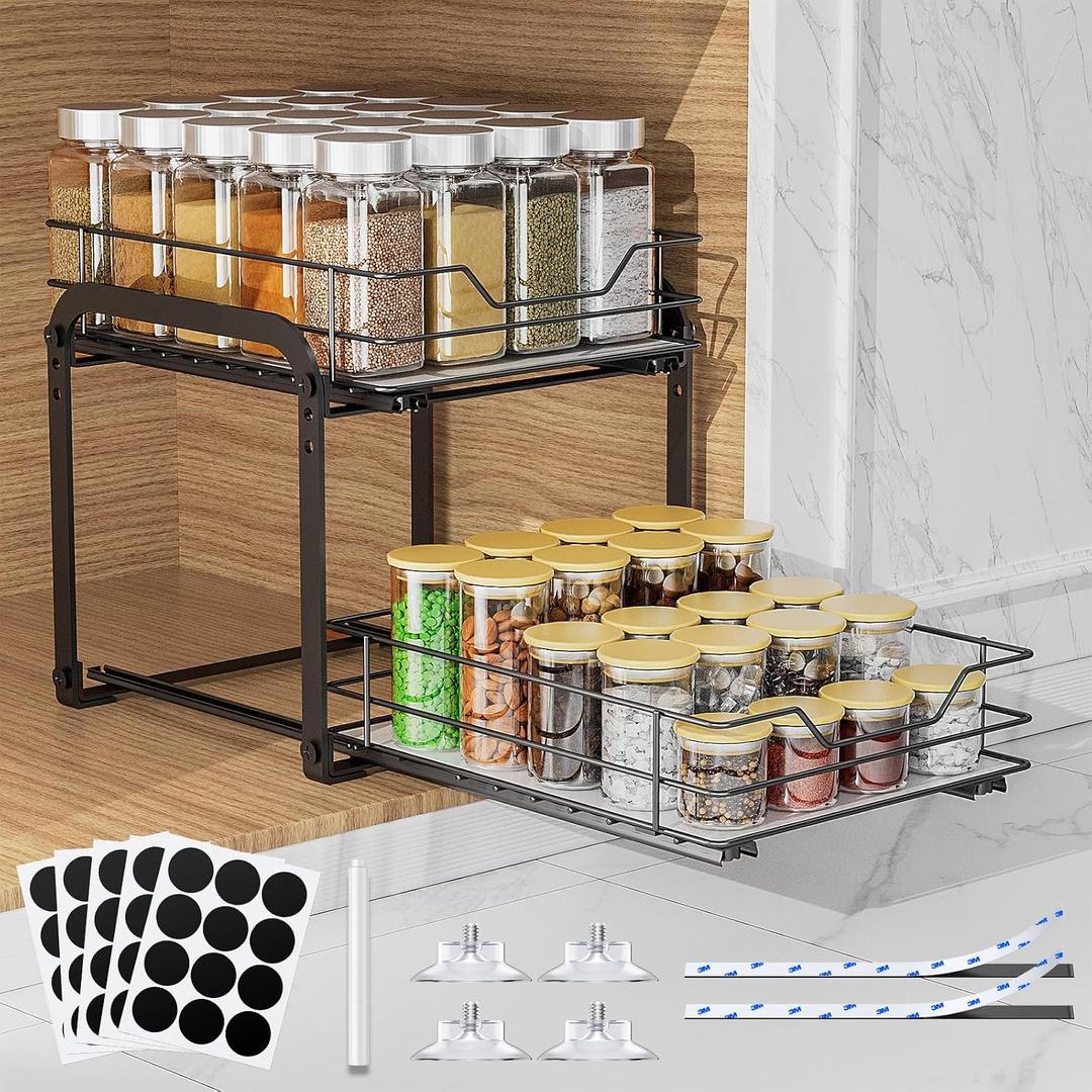 Spice Rack Organizer for Cabinet, 2 Tier Vertical Pull Out Spice Rack Heavy Duty Metal Spice Organization for Cabinet, 40-Jar Capacity, Height Adjustable Cabinet Organizer (9"W10.5"D9"H, Black)