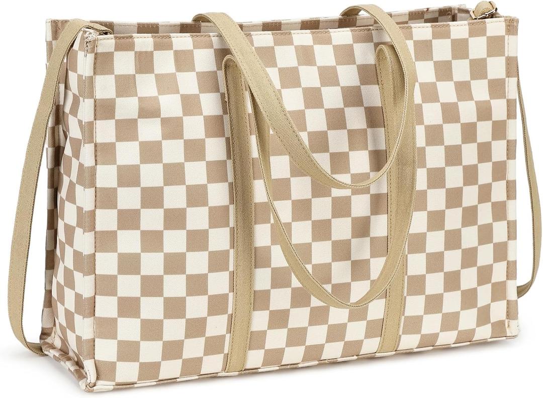 Laptop Tote Bag for Women Work 15.6 inch Canvas Shoulder Bags Computer Messenger Purse Teacher Handbag Office Briefcase (B-checkered Brown)