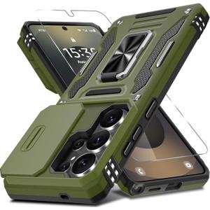 DEERLAMN Case for Samsung Galaxy S26 Ultra 6.9-Inch with Slide Camera Cover+Screen Protector(1 Pack), Rotated Ring Kickstand Military Grade Shockproof Protective Cover-Olive Green