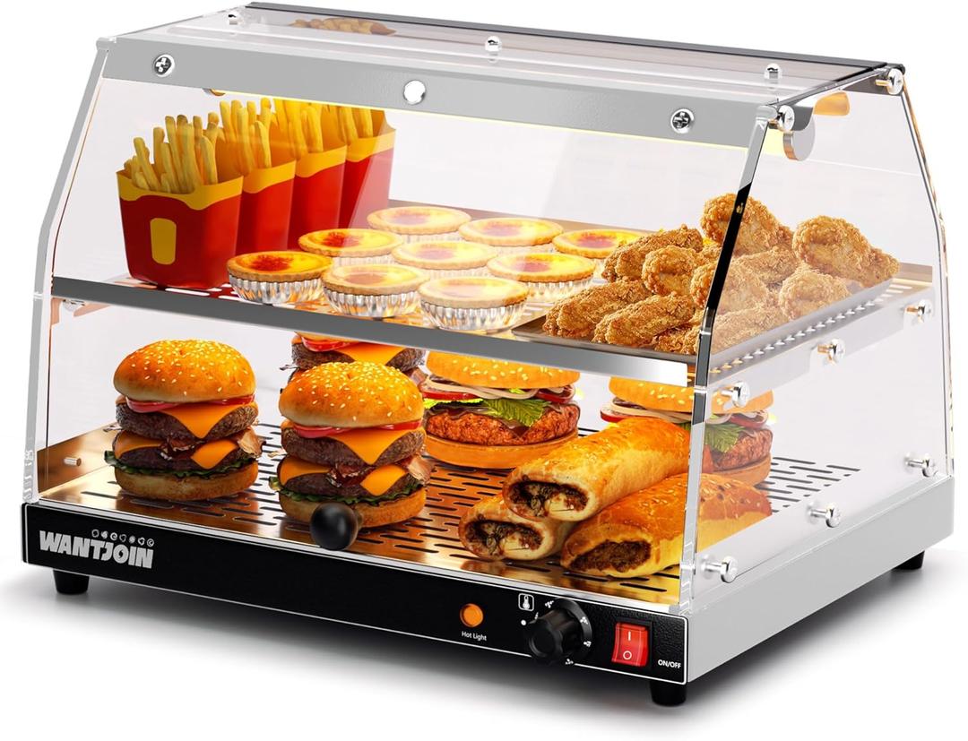 Commercial Food Warmer Display, Electric Countertop 2-Tier Food Warmer with LED Lighting, Dual 90 Openable Glass Doors Warmer Display Case for Pastry Buffet Restaurant (Stainless)