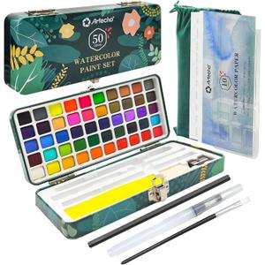 Artecho Watercolor Paint Set 50 Colors, Travel Watercolor Set with Watercolor Papers and Brushes, Ideal for Amateur Hobbyists, Painting Lovers and Artists