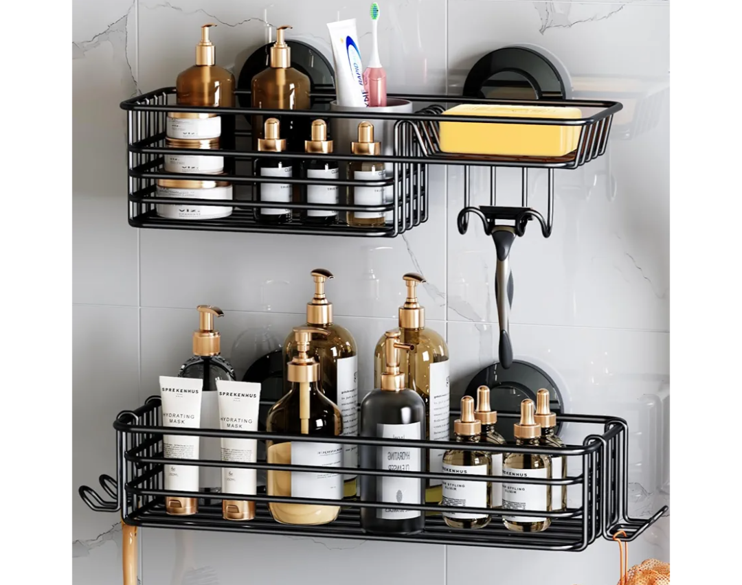 LEVERLOC Shower Caddy Suction Cup, 2 Pack Shower Shelves for Inside Shower with Hooks & Soap Holder, NODrilling Bathroom Shower Organizer, Rustproof Meatl Shower Holder Storage, Black