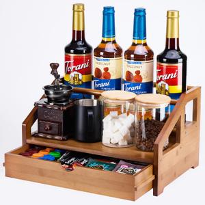 Bamboo Coffee Syrup Rack Organizer 3 Tier Coffee Syrup Rack with Cup Storage Box for Coffee Bar,Syrup Bottle Holder Stand for Syrup,Wine,Dressing for Kitchen Coffee Station,Brown