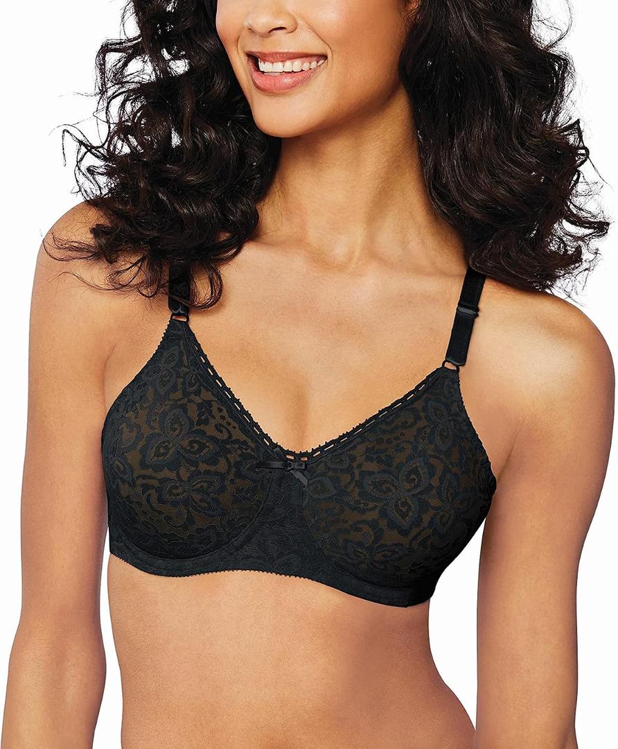 Bali Women's Underwire Lace Bra, Lace 'N Smooth Bras for Women, Stay-in-Place Straps, Full Coverage (Black, L)