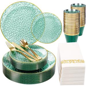 DaYammi 175 Pcs Green Plastic Plates Dinnerware Set (25 Guests), Hammered Plates Sets, Green Party Platos Set include 50 Disposable Platos, 75 Gold Plastic Silverware, 25 Cups 25 Napkins