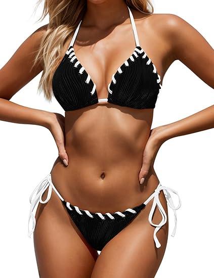 Zojuyozio Women Two Piece Bikini Swimsuit Color Block Bathing Suits Halter Triangle String Bikini Sets (Medium, Black)