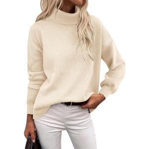 Zeagoo Women's Turtleneck Sweater 2025 Fall Winter Chunky Knit Sweaters Casual Side Slit Pullover Jumper Top (XS, Beige)