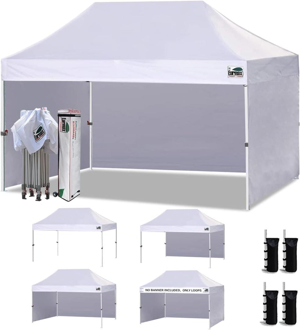 Eurmax USA 10x15 Pop Up Canopy Tent,Commercial Tent with Patented No-Tip Rolling Bag,4 Zippered Removable Walls,UV & Water Resistant Canopy Top,Heavy Duty Outdoor Gazebo,Instant Shelter(White)