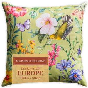 Maison d' Hermine Decorative Pillow Covers 18 x 18 inch Square 100% Cotton Throw Pillow Covers with Invisible Zipper for Living Room Couch Chair Sofas Spring Summer (Hesperides - Oiseaux)