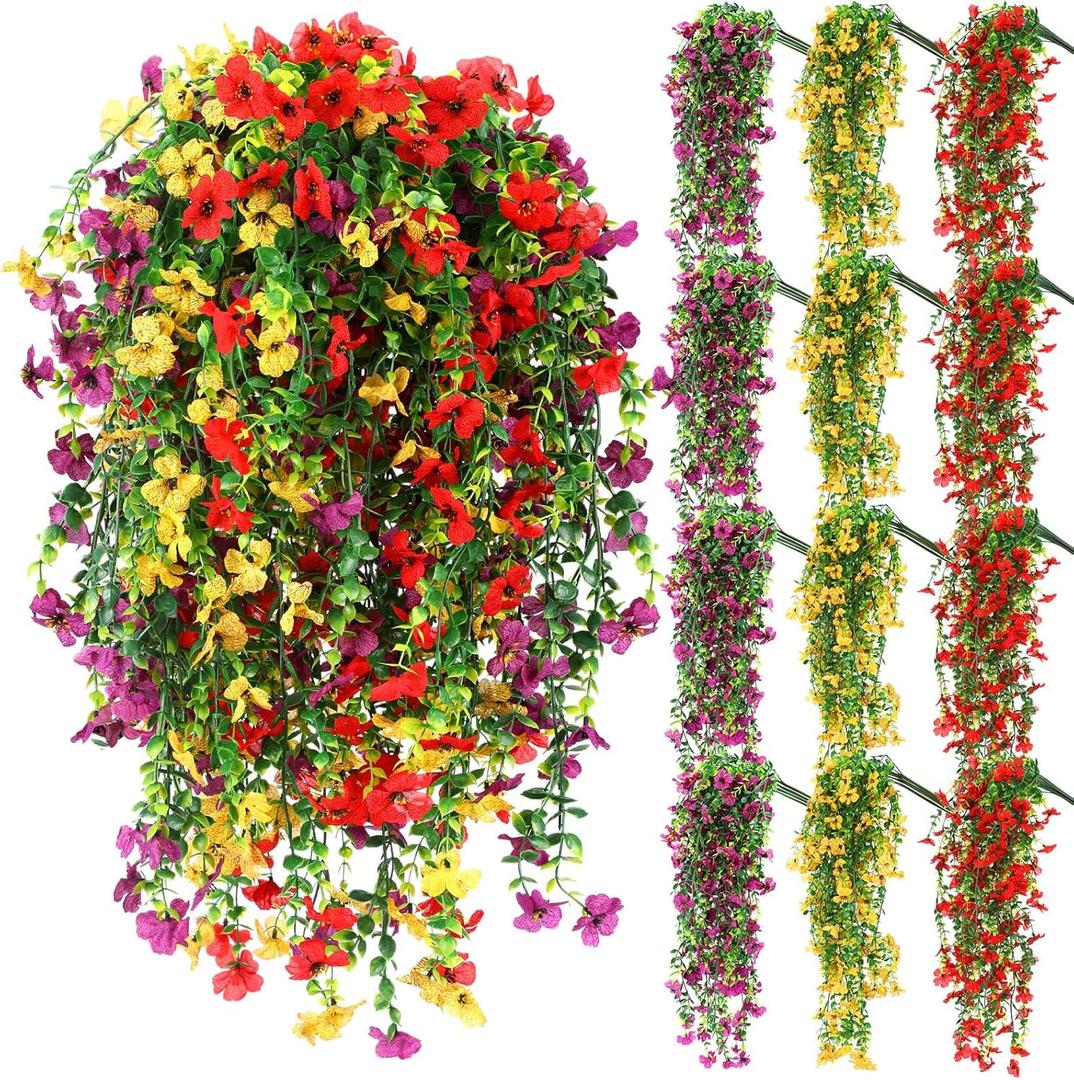 12 Pcs Artificial Hanging Flowers for Outdoor Spring Decoration Fake Hanging Plants Outside Fake Silk Flower Violets with Eucalyptus Realistic UV Resistant Trailing Vines Porch Yard Classic