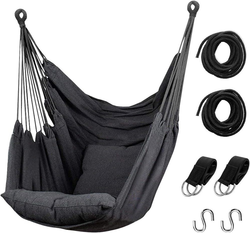 Hommtina Hammock Chair Hanging Rope Swing, Max 300 Lbs Hanging Chair with Pocket & Durability Perfect for Outdoor, Home, Bedroom, Patio, Yard (Pillows NOT Included,Dark Gray) (Dark Grey)