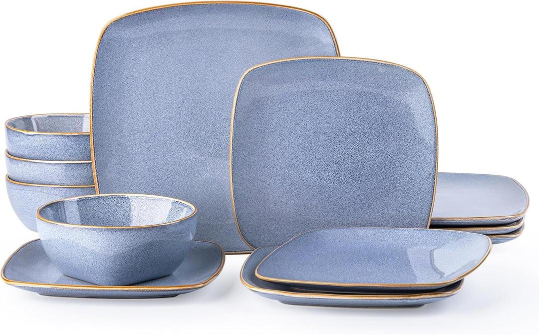 AmorArc Ceramic Dinnerware Sets for 4, 12 Pieces Square Handpainted Plates and Bowls Set, Chip and Scratch Resistant Stoneware Dishes Set, Dishwasher & Microwave Safe, Reactive Blue