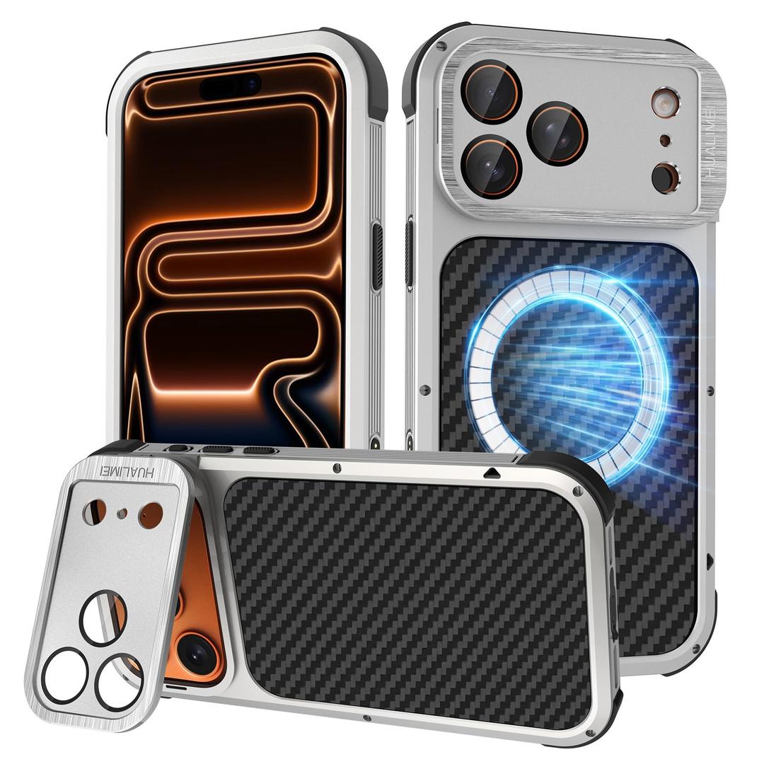 DGYSG Carbon Fiber Case for iPhone 17 Pro Max Compatible with Magsafe, Luxury Aluminum Metal with Silicone Bumper Heavy Duty Military Protection Cover with Camera Lens Protector Stand, Titanium