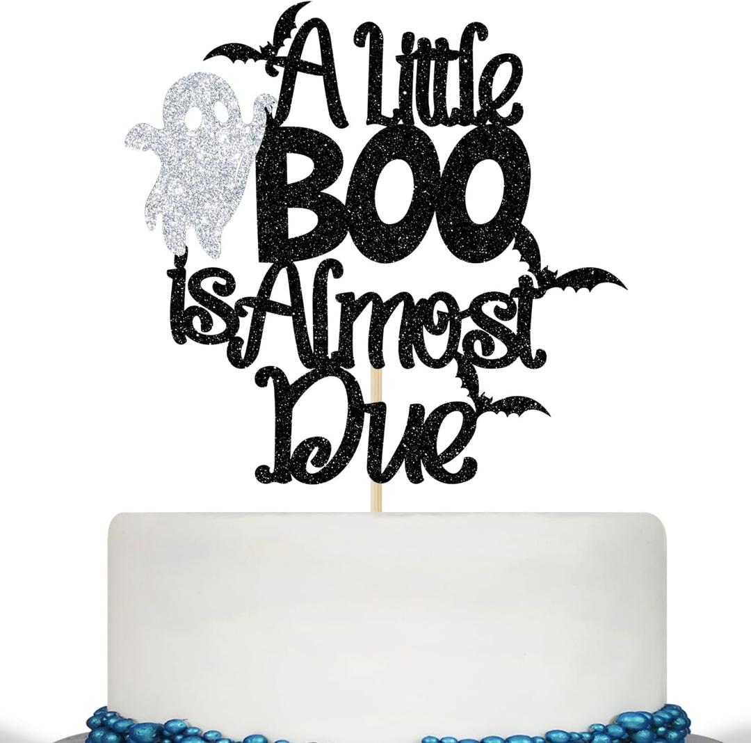 4 x A Little Boo is Almost Due Cake Topper, Boo Theme Baby Shower Cake Decorations, Halloween Baby Shower Pregnancy Announcement Party Decorations, Black Glitter