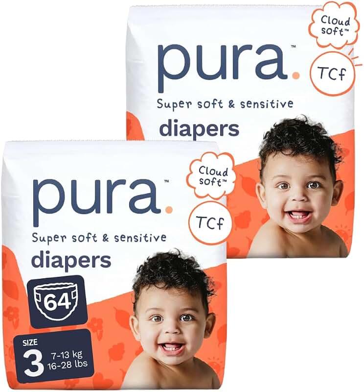 Pura Baby Diapers Size 3 (16-28 lbs) 32 Count Sensitive Skin | 12 Hour Leak Protection, New Blowout Blocker, Cloud Soft, Totally Chlorine Free*, Allergy UK Certified