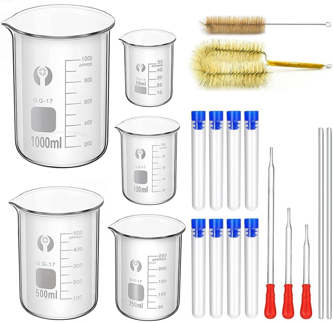 Glass Beakers Set, ZEEROQOLAB 5pcs Measuring Beaker 1000ml 500ml 250ml 100ml 50ml with 2pcs Cleaning Brush, 3pcs Droppers and 2pcs Glass Stirring Rods