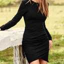 BTFBM Women Elegant Ruched Bodycon Dress 2025 Spring Long Sleeve Wrap Front Casual Basic Fitted Going Out Short Dresses, Size M